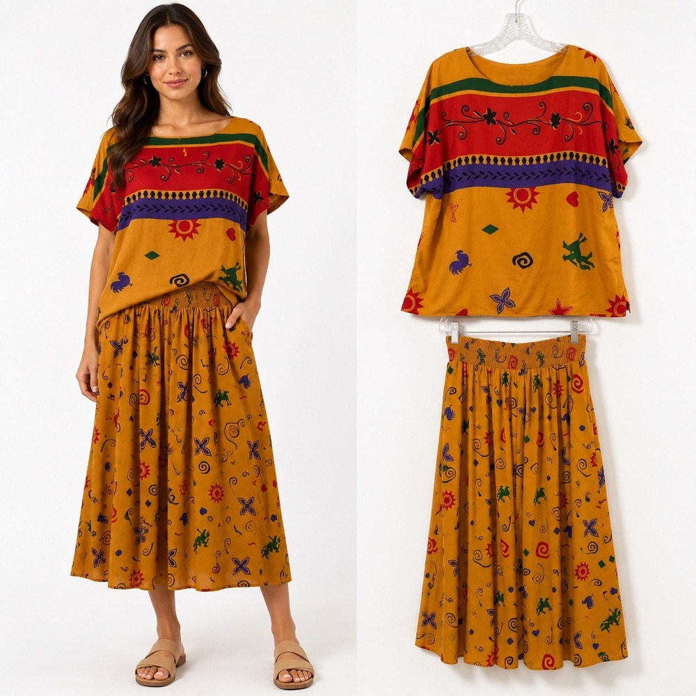 AC Sport Vintage 90s 2 Piece Skirt Set Yellow Novelty Print‎ 18W Southwestern
